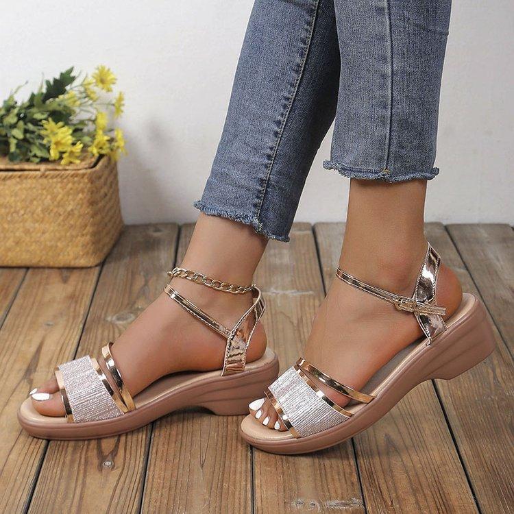 2024 summer new foreign trade large size European and American rhinestone slope heel fish mouth one-word buckle beach women's sandals 43