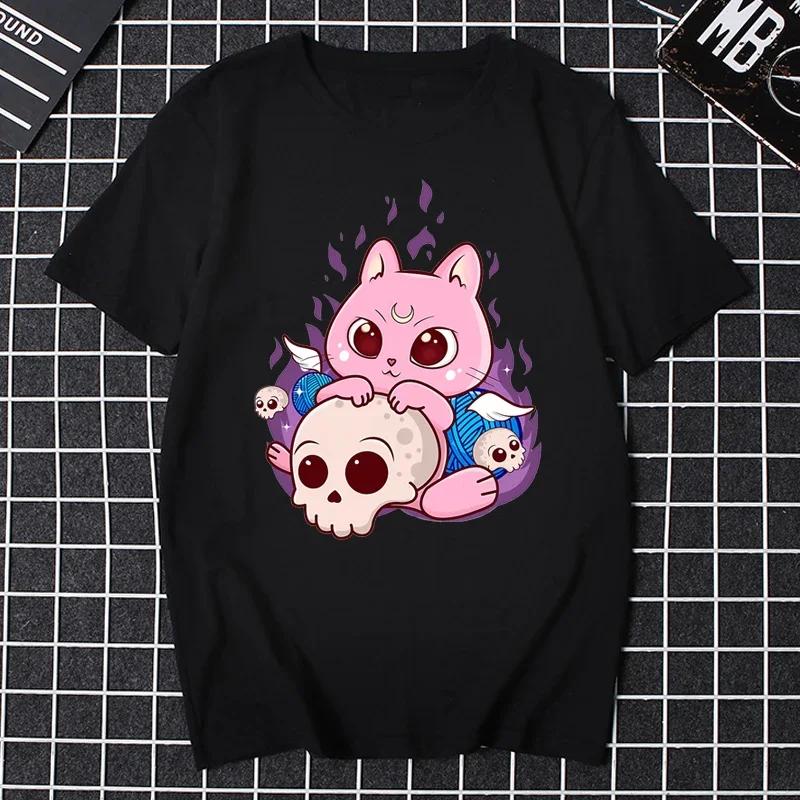 Katze Pastell Goth Mond Kawaii Halloween Schädel Lila Hexe Damen Kleidung Weiblich Klassische Ästhetik Grafik T-Shirts Freundin Geschenk