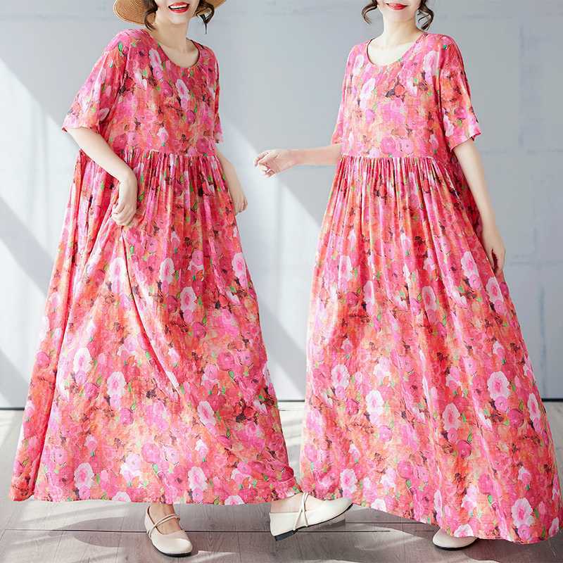 Simple and Fashionable Long Skirt Summer Short Sleeved Round Neck Printed Dress