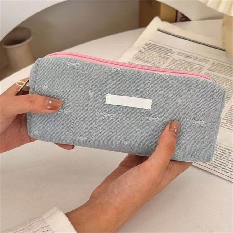 Jeans Fabric Pen Case Large Bowknot Pencil Bag Spacious Compartment Travel Makeup Bag for Student Women Travel Essential