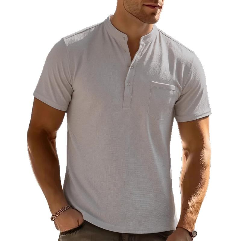 Men's Linen-Look Short Sleeve Henley Shirt Casual Stand Collar Button Placket Top with Chest Pocket