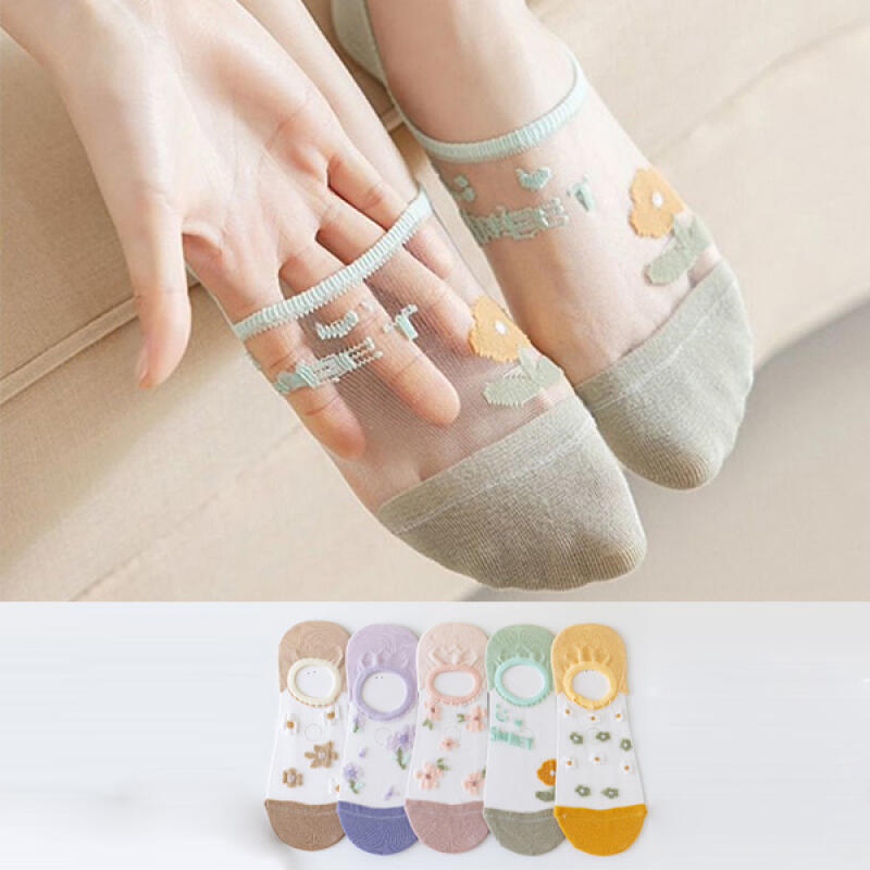 [Set of 5] Kaios Flower Embroidered Pastel Silicone Socks 5 pair set