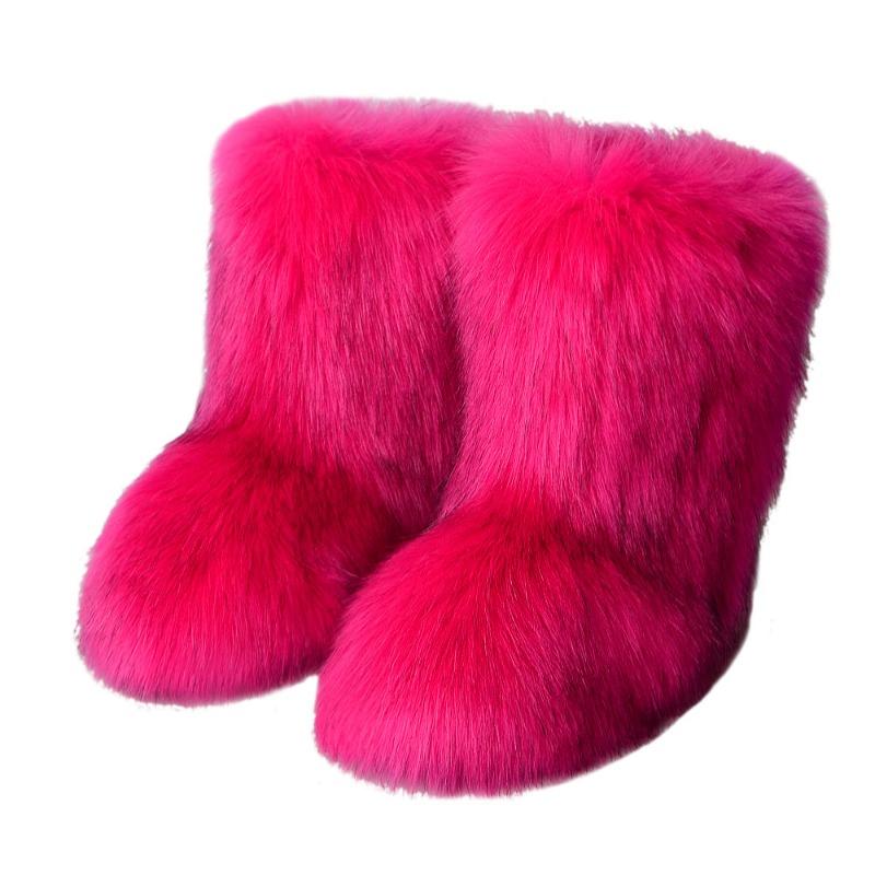 Flat heel high top warm winter furry boots deep mouth round head medium tube imitation fox fur snow boots women
