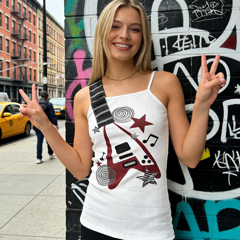 Summer Y2k Punk Rock Trend Visual Design Musical Note Printed Camisole Vintage Fashion Hip Hop Personality Slim Emo Girl Top
