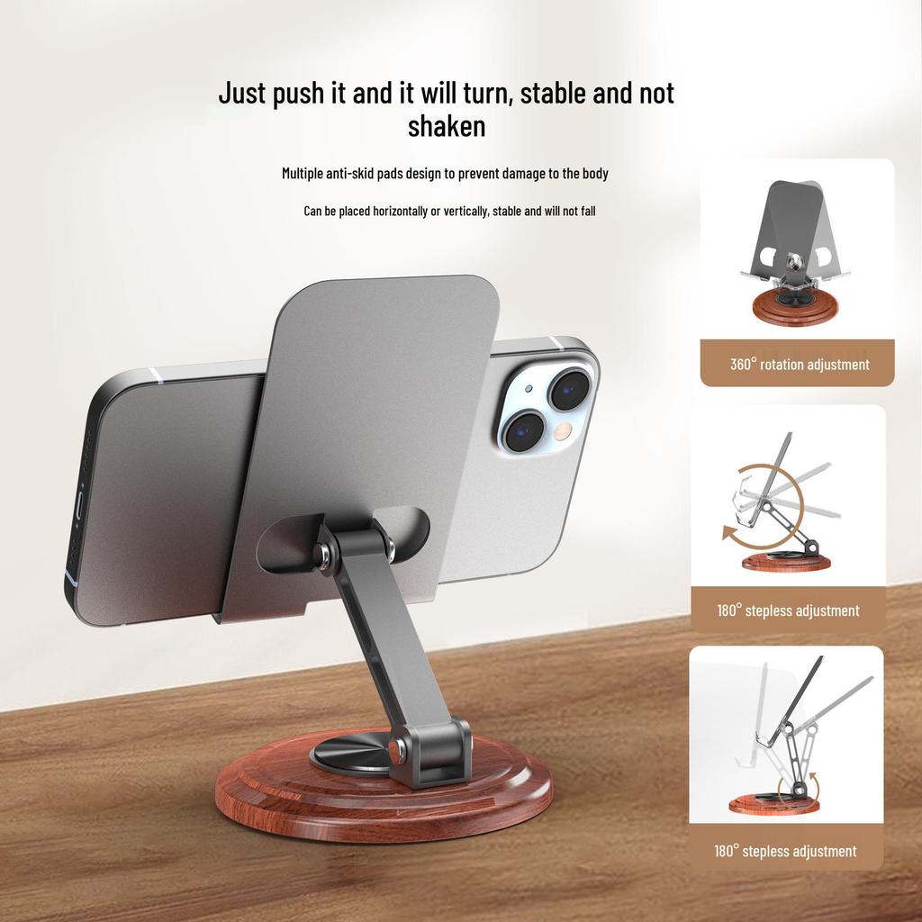 Walnut Finish Adjustable Metal Phone & Tablet Stand with 360° Rotation for Streaming