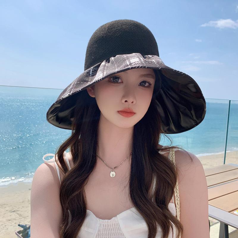 Color Glue Hat Women's Summer Versatile Bow Big Edge Bucket Hat Sun Protection Sun Hat Folding Sun Hat New