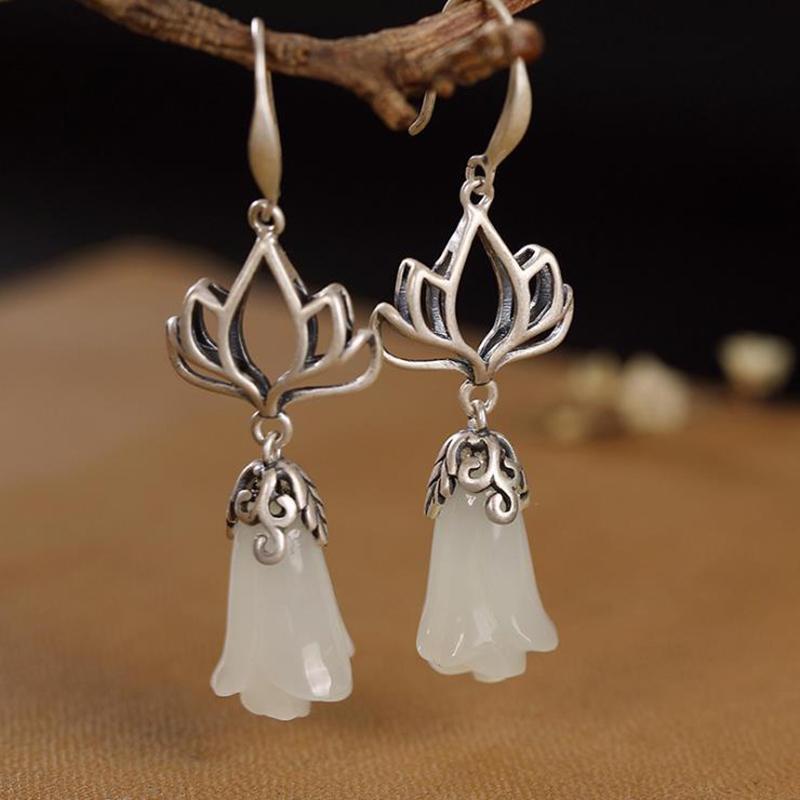 Natural Hetian White Jade Earrings Chinese Retro Lotus Unique Pattern Designer Craft Charm Women's Brand Jewelry