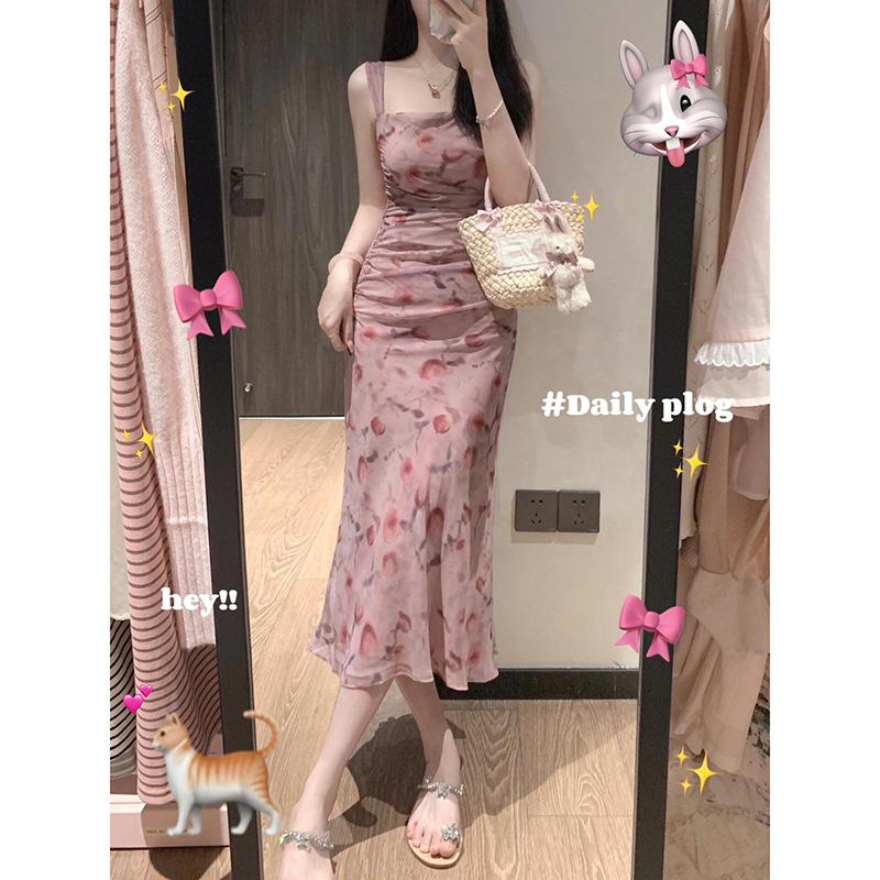 Pink suspender floral dress women's summer coffee break French temperament waist thin hip-wrapped dress
