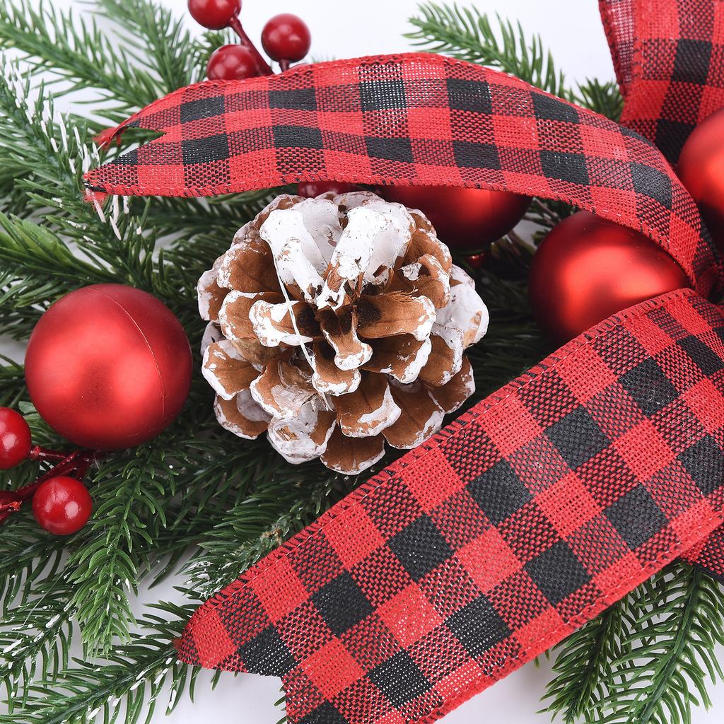 Xmas Swag Front Door Artificial Decorative Swag with Bow Red Berry Pine Cone for Indoor Outdoor Window Wall Fireplace