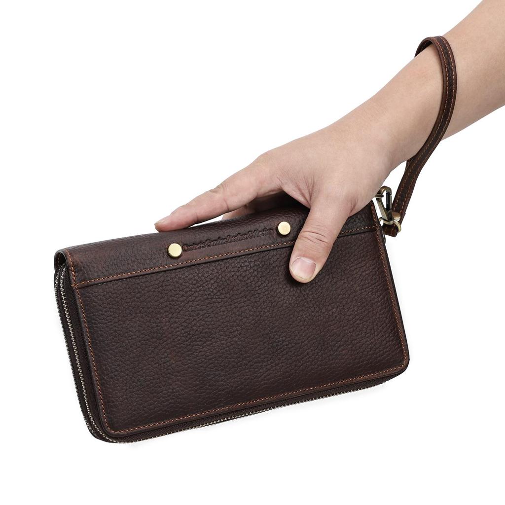 Portfel męski ze skóry naturalnej Clutch Zipper Card Holder Portmonetki męskie Vintage Długie portfele z paskiem na rękę