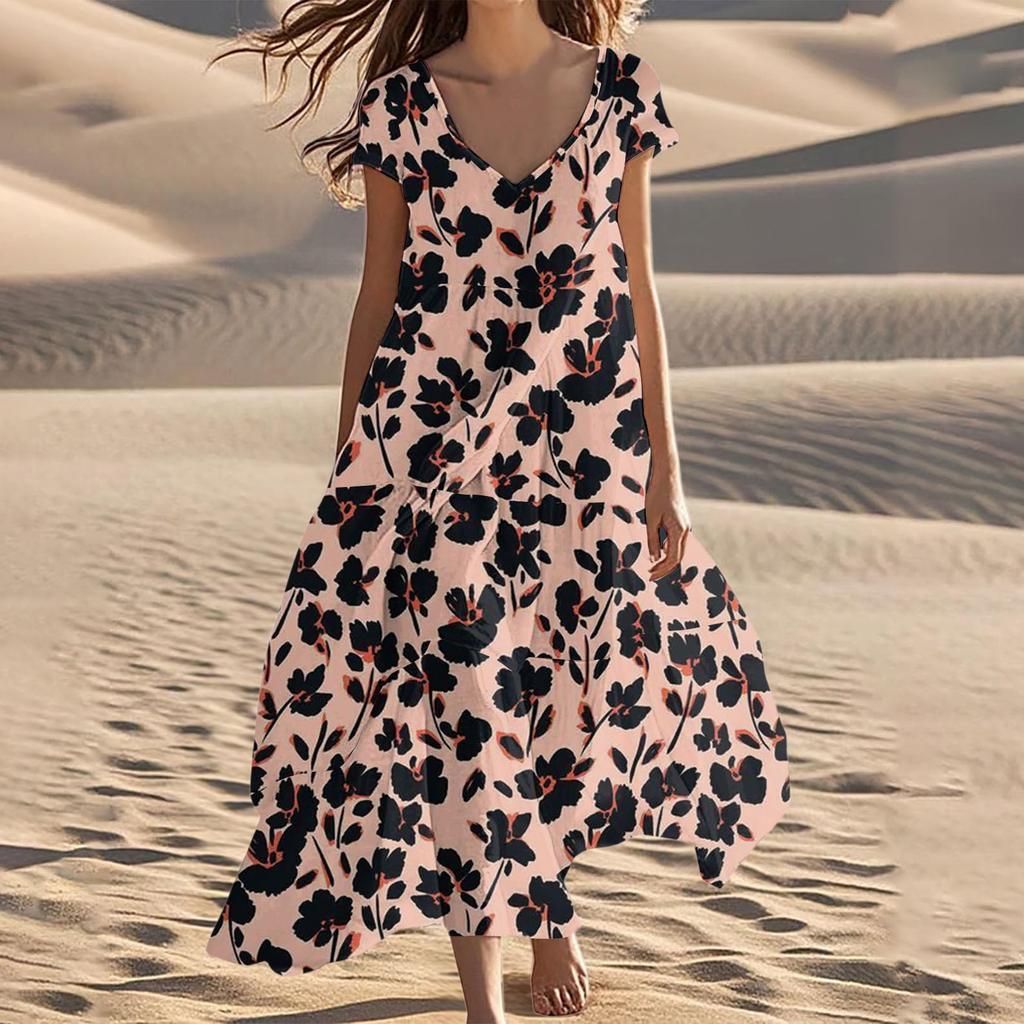 Women's Summer Fashion V-Neck Beach Long Short Sleeve Floral Printed Dresses