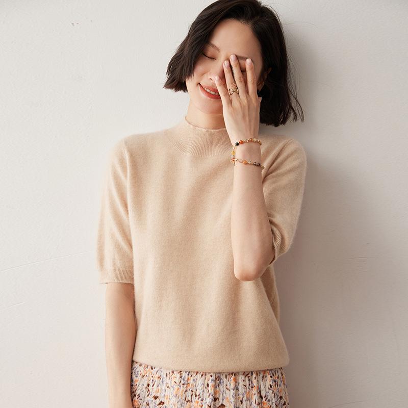 2024 Women's Cashmere Knit Sweater: Short-Sleeve, Half-High Neck, Base Layer