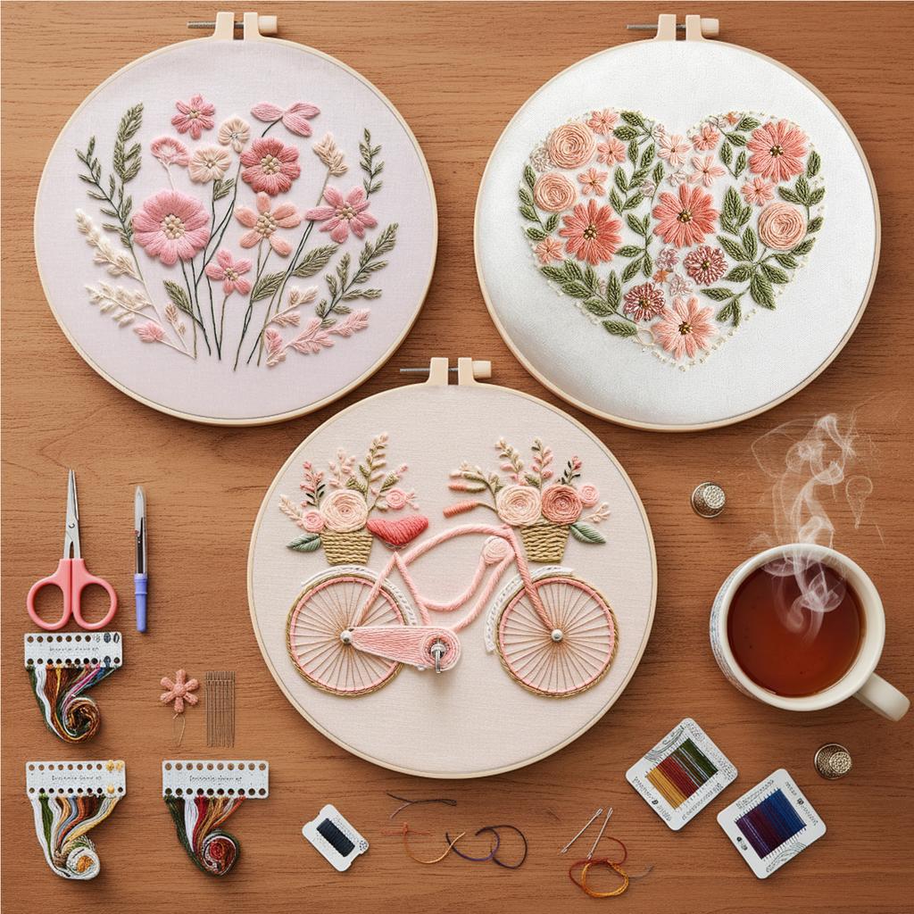 3er Pack Blumenpflanze DIY Stickset mit Stickrahmen Stickstiche Übungsset 30x30cm für Anfänger und Erwachsene