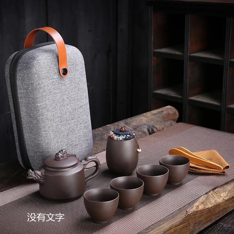 High Quality Travel Tea Sets, Portable Ceramic Kungfu Tea Pot and Cup Set, Purple Clay Tea Pot Set, Chinese Tea Ceremony 6pcs