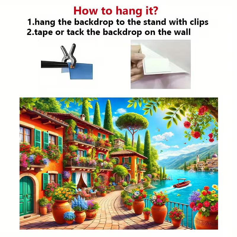 2D Mediterranean Village with Colorful Flowers Wall Decor Tapestry