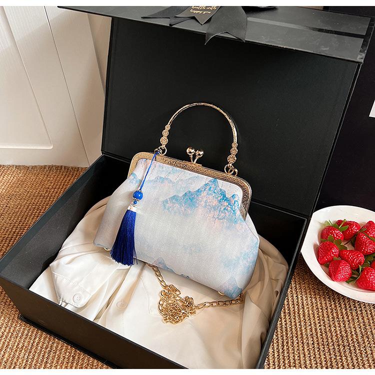 Vintage večerní kabelka pro ženy s polibkovým zapínáním, kabelka s horním uchem, kabelka s ramenním řetízkem, crossbody kabelky se střapcem, večerní kabelka na svatbu, párty, ples