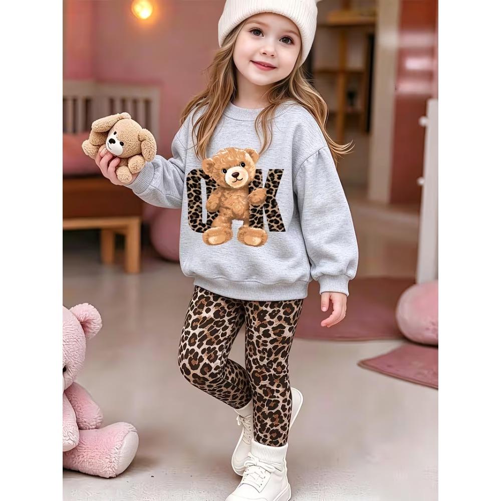 Girls' Cute Bear Casual Comfortable Soft Loose Pullover Sweatshirt and Leggings 2-Piece Set, New Autumn/Winter, Playful, Sweet and Cool Style