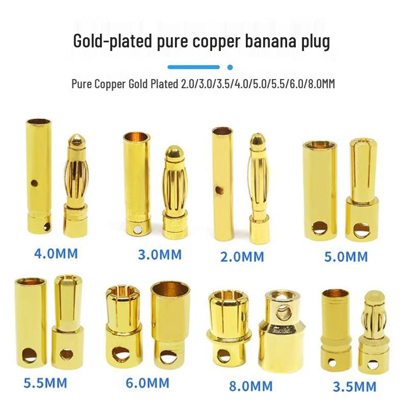 4mm Pure Copper Gold-Plated Banana Plug RC Motor Connector (Male/Female, 2mm/3.5/5.5/6/8mm)