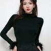 Velvet Slim Fit High Neck Patchwork Furry Cuff Long Sleeve White Top - 2024 Fashion Collection