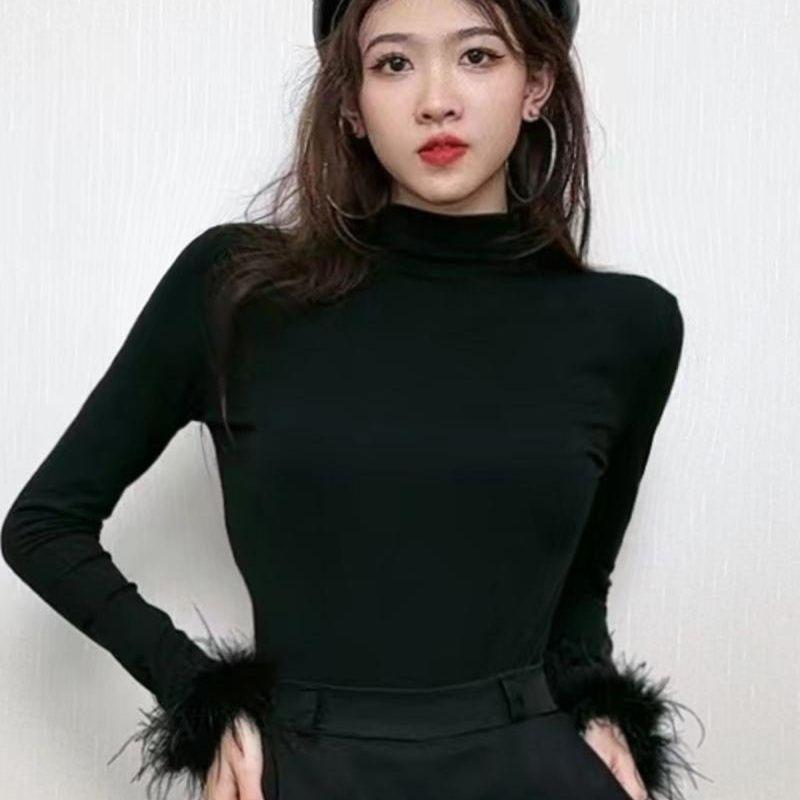 Velvet Slim Fit High Neck Patchwork Furry Cuff Long Sleeve White Top - 2024 Fashion Collection