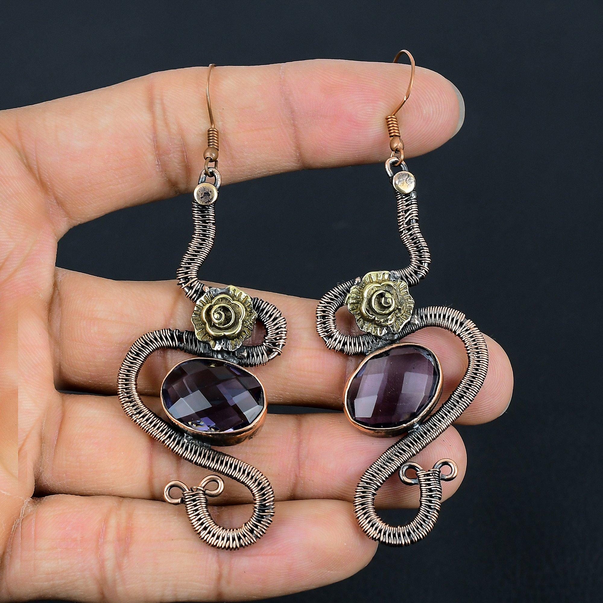 

Faceted Amethyst Earrings, 999 Copper Wire Wrapped Gemstone Jewelry, Handmade Earrings, For Thanksgiving 2.55 Inches