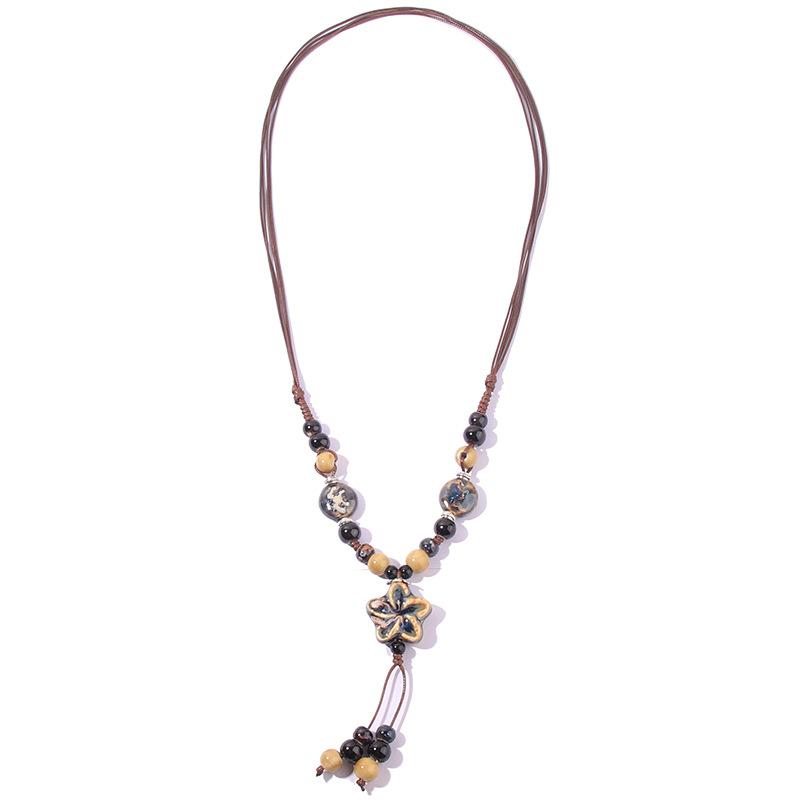 Vintage Sweater Necklace Women's Long Ceramic Versatile Fashion Necklace Handmade Flower Tassel Necklace
