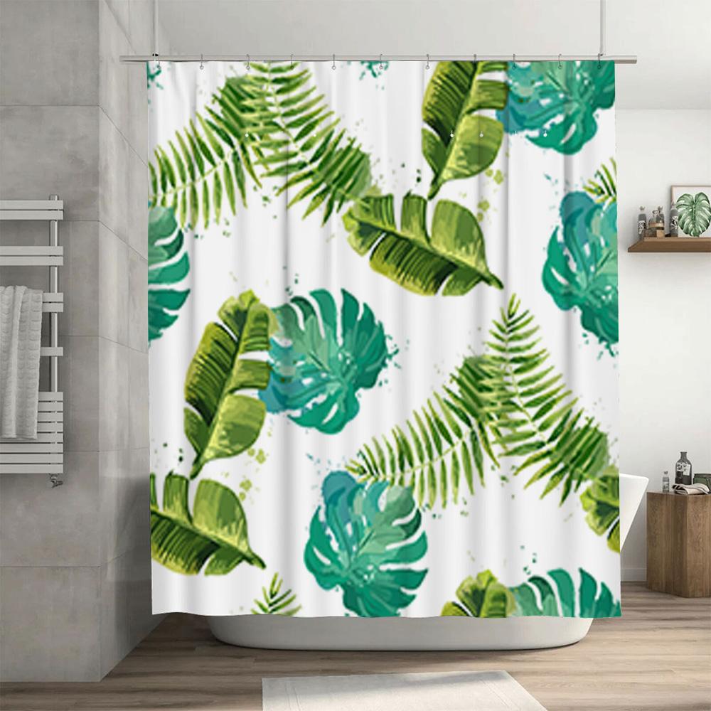 Vibrant Greenery Shower Curtain Waterproof Fabric For Bathroom Decor Tropical Leaves Print In Blue White Colors Size 180X240Cm