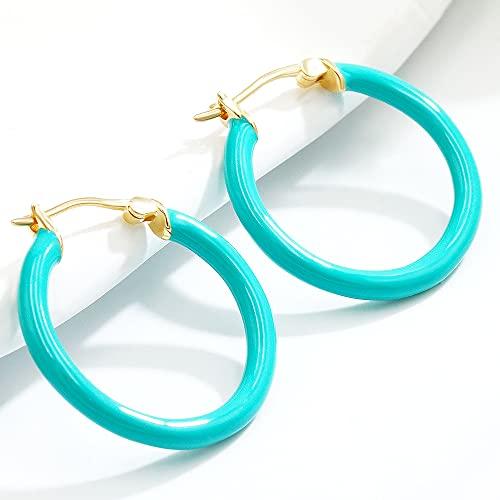 [Takeda Jewelry] Turquoise Blue Loop Earrings, Genuine Enamel Hoop Earrings, Sterling Silver S925, Popular, Enamel Finish, Cute, Simple, Hypoallergeni
