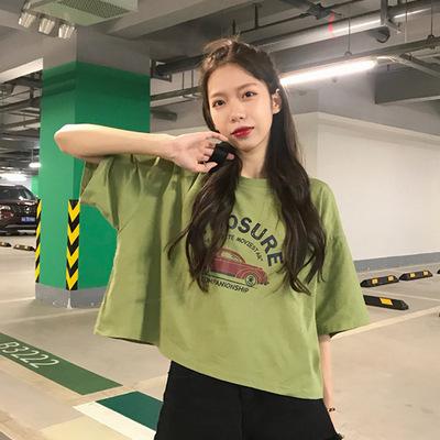 Women's Round Neck Short Sleeve Cropped Top Loose Fit British Style Graphic Print Tee