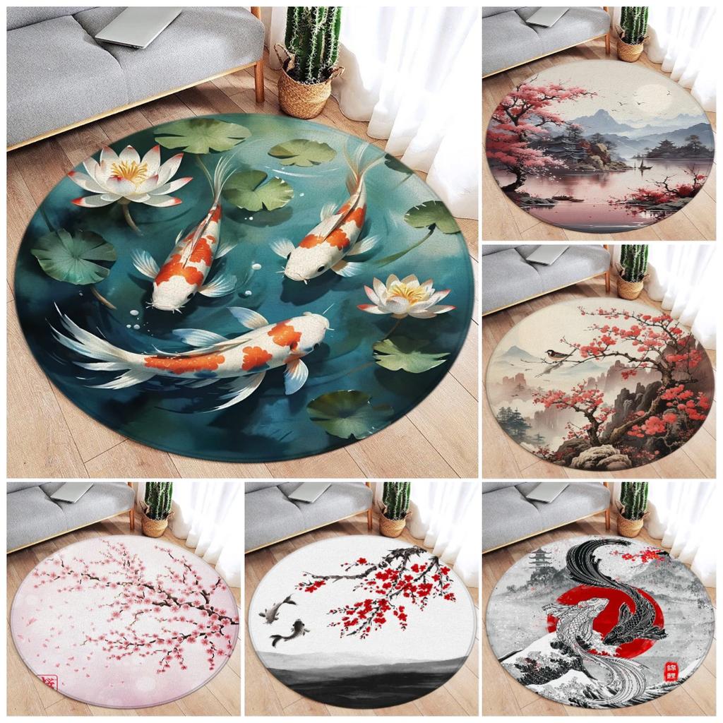 Round Rug – Koi Lotus Cherry Blossom Ink Art Carpet for Living Room Bedroom Home Decor
