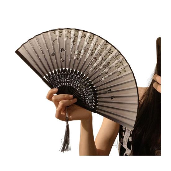 

Floral Print Folding Fan with Tassel Chinese Style Hand Held Fan Portable Summer Cooling Fan Dance Performance Party Photo Props C