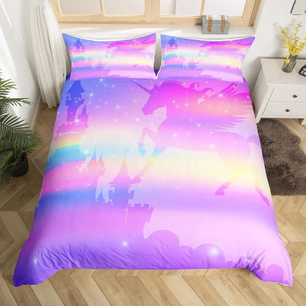 Unicorn Bedding Set Kids Purple Space Galaxy Duvet Cover Microfiber Quilt Cover Girly Cartoon Comforter Cover and 2 Pillowcases