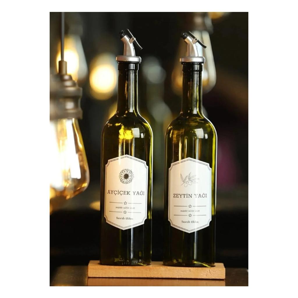 2 Pieces Amber 750ml Oil Pot Drip-proof Leak-proof Sauce Bowl Vinegar Bowl 1 Piece Wooden Stand