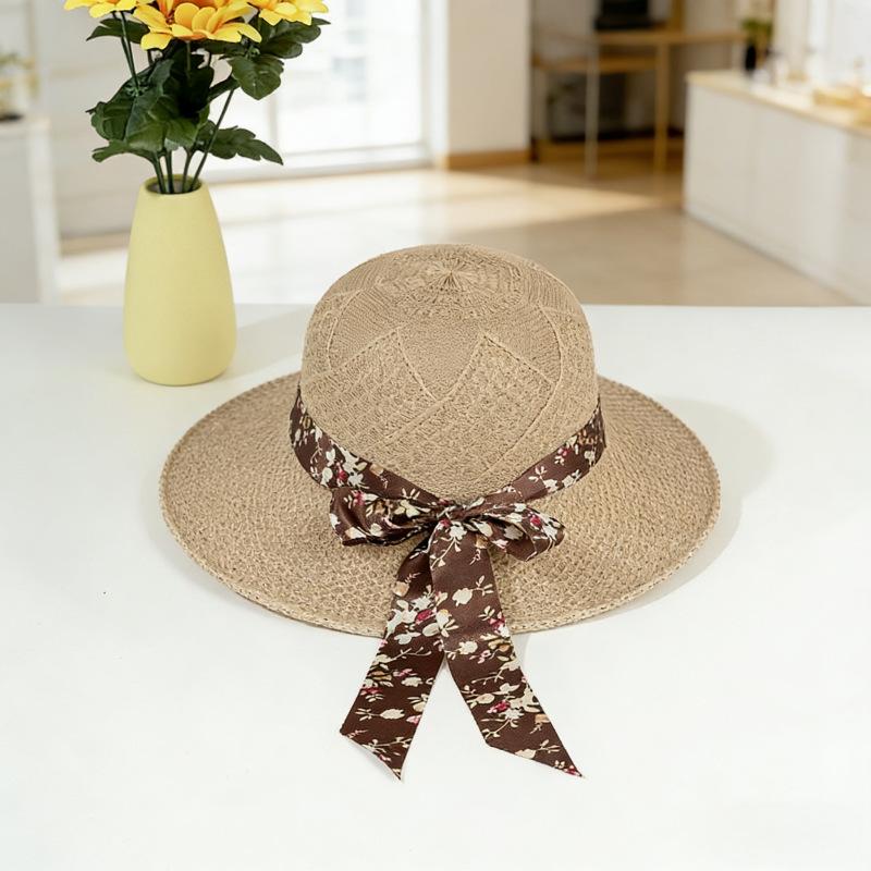 Summer Sun Protection Visor Women's Big-brimmed Straw Hat Streamer Printed Bucket Hat Fashionable Versatile Travel Sun Hat