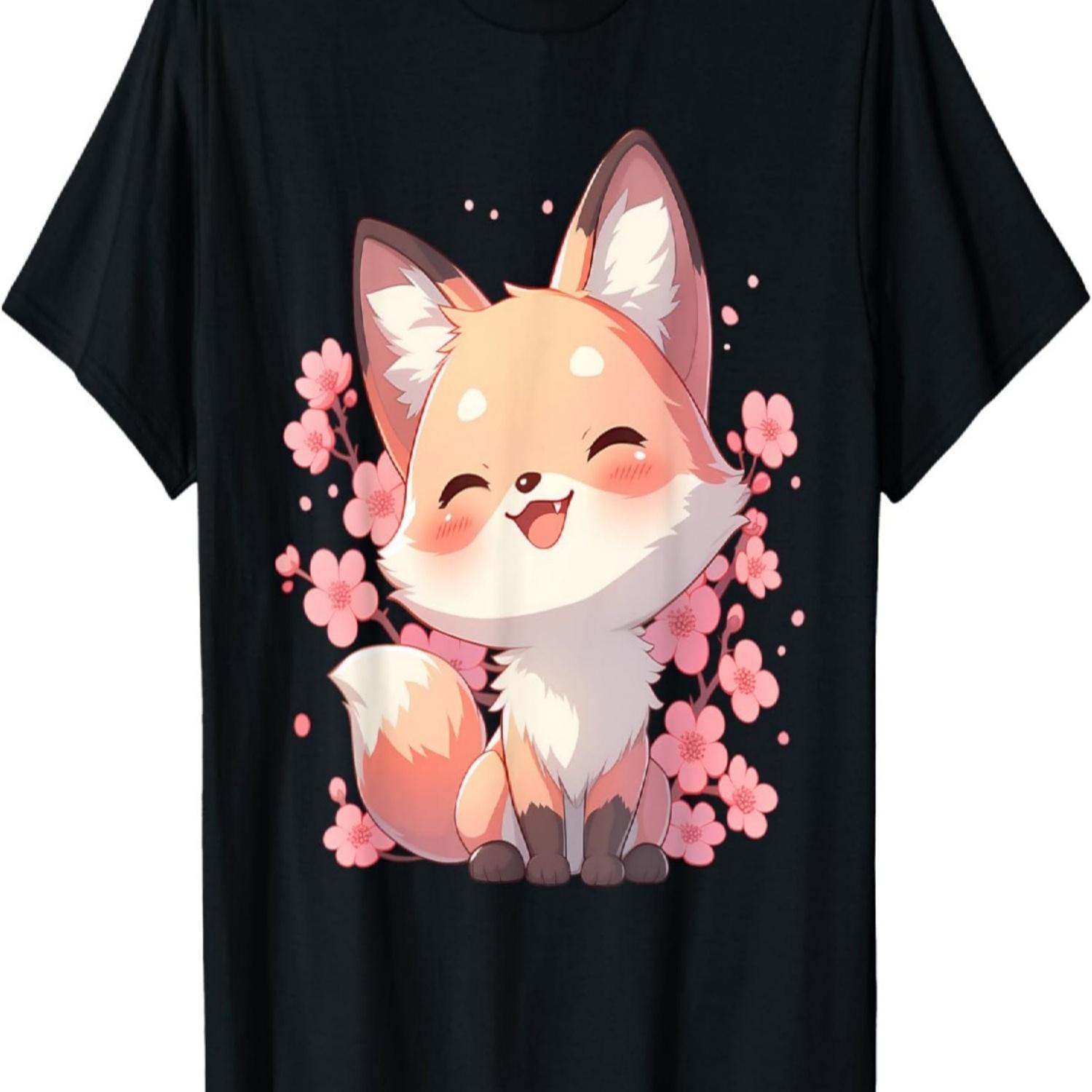 Kawaii Sakura Kitsune _ Cute Fox Cherry Blossom T-Shirt S чёрный