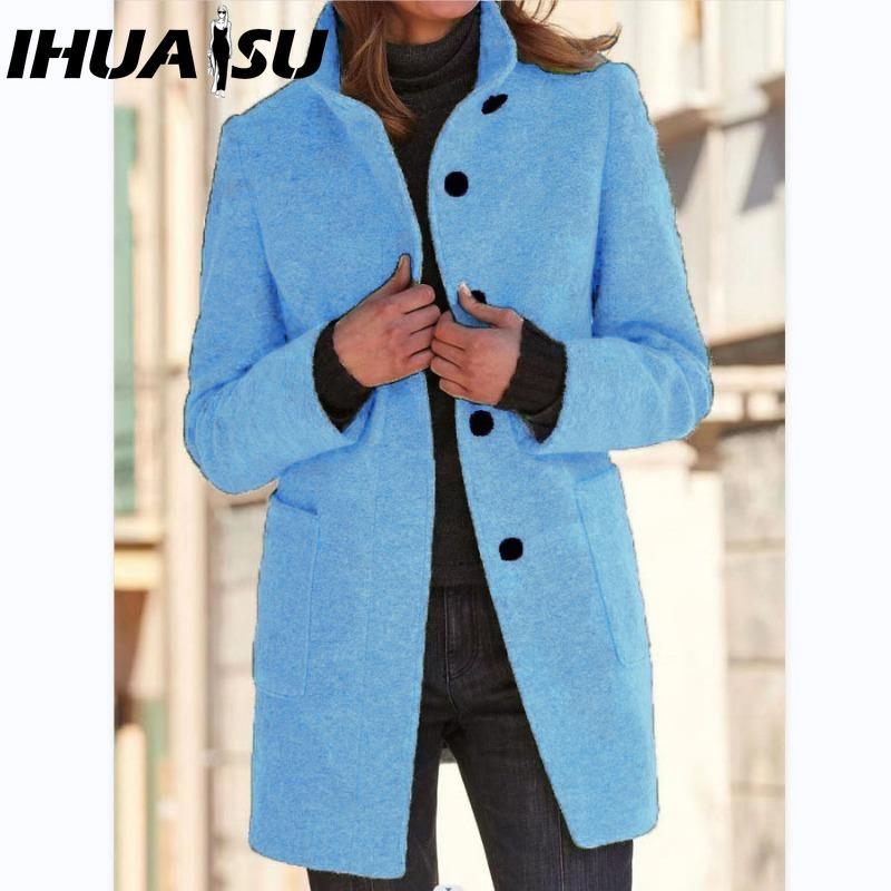 IHUASU Women's Vintage Casual Lattice Print Autumn Winter Long Sleeve POLO Neck Jackets & Coats