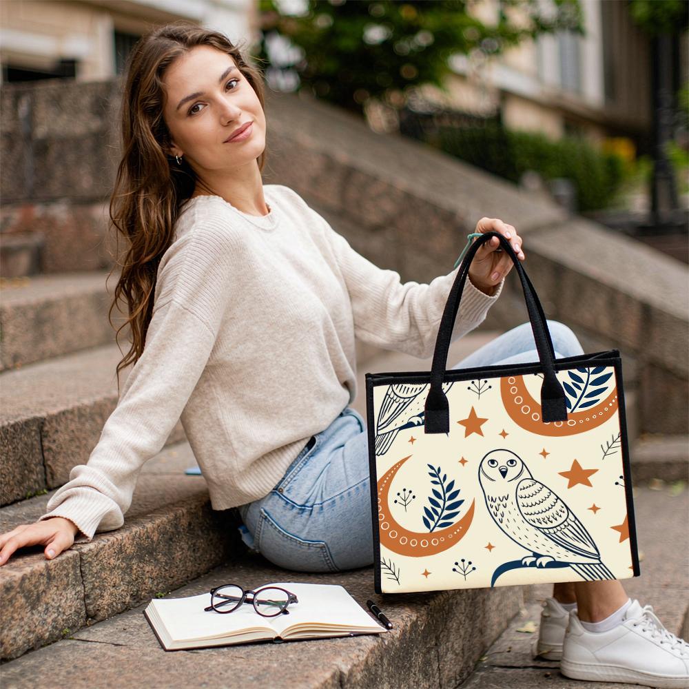 Boho Owl Print Canvas Tote Bag Casual Large Capacity Daily Shopping Handbag