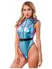 Womens Halloween Saucer Man Costume Role Play Design Mock Neck Zipper Front Bodysuit Cap Sleeve Catsuit