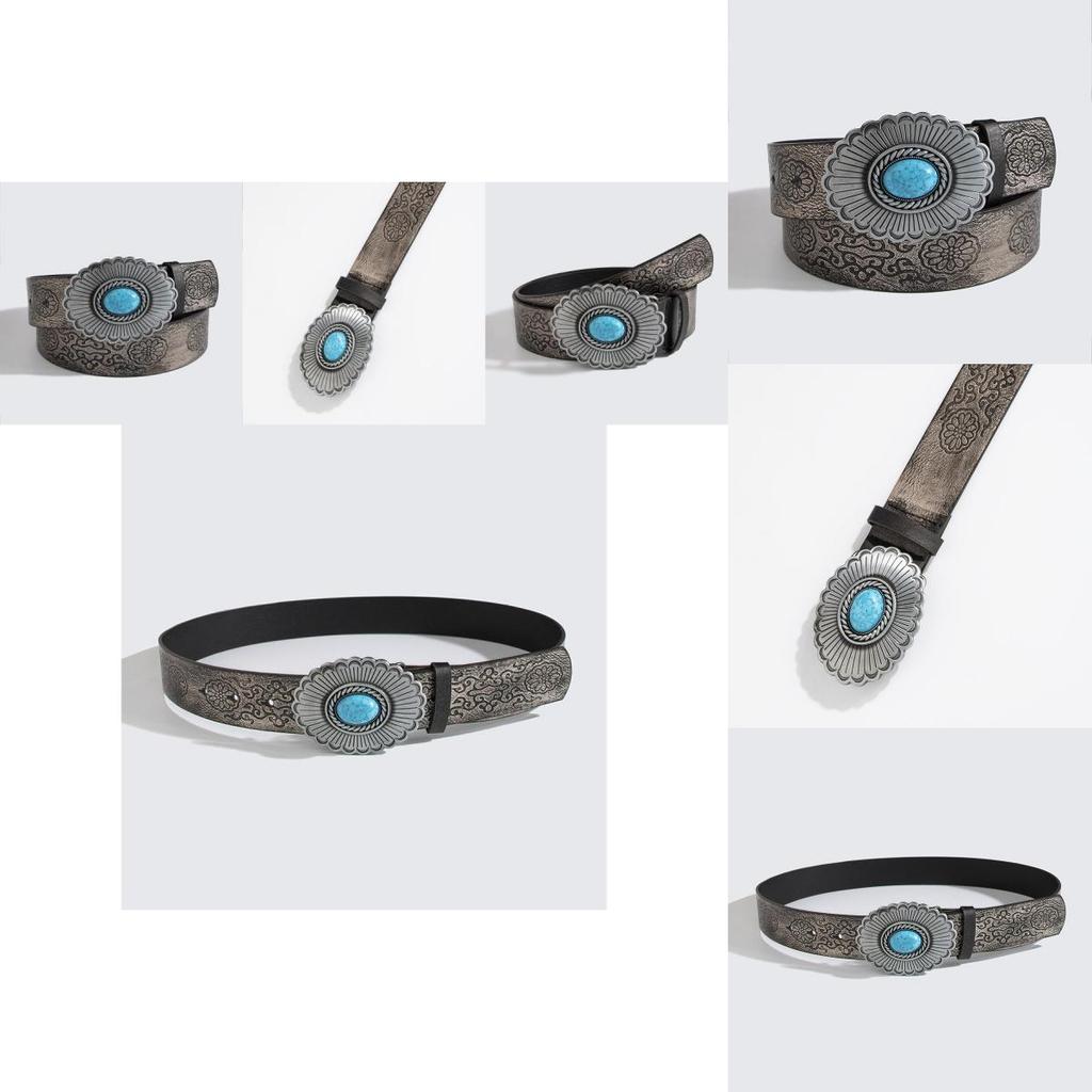 Retro Faux Leather Belt With Dark Embossed Flower Pattern For Girls And Women