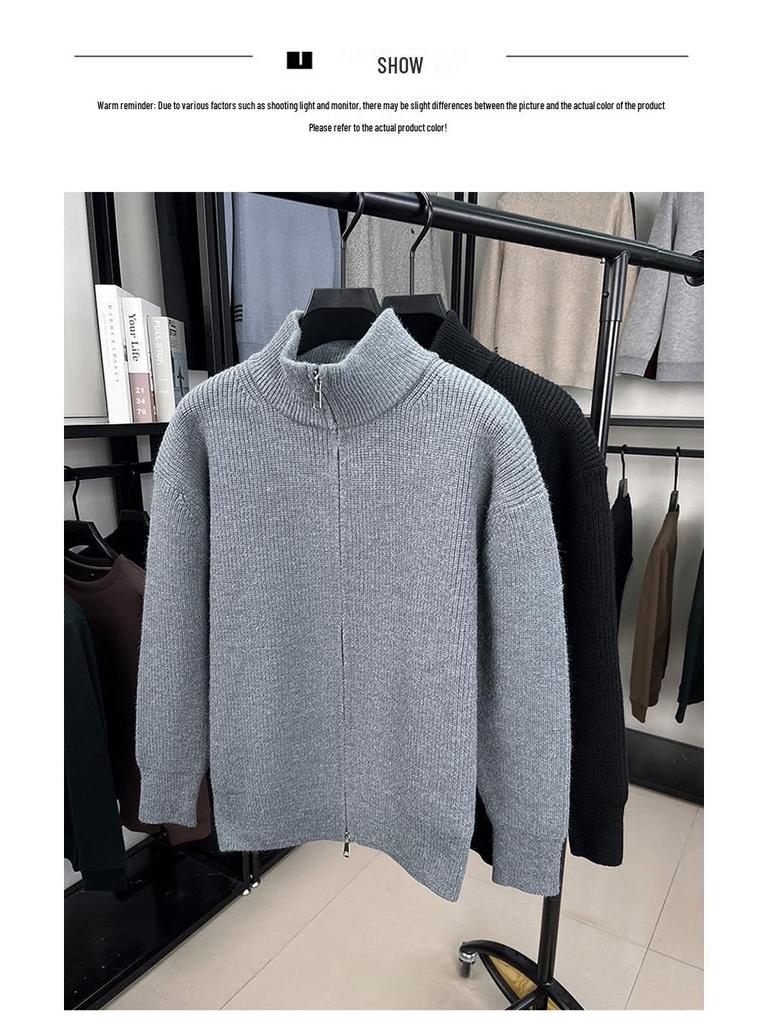 Men's Versatile Thick Knit Cardigan with Stand Collar Zipper - Autumn/Winter 2025 Warm Sweater