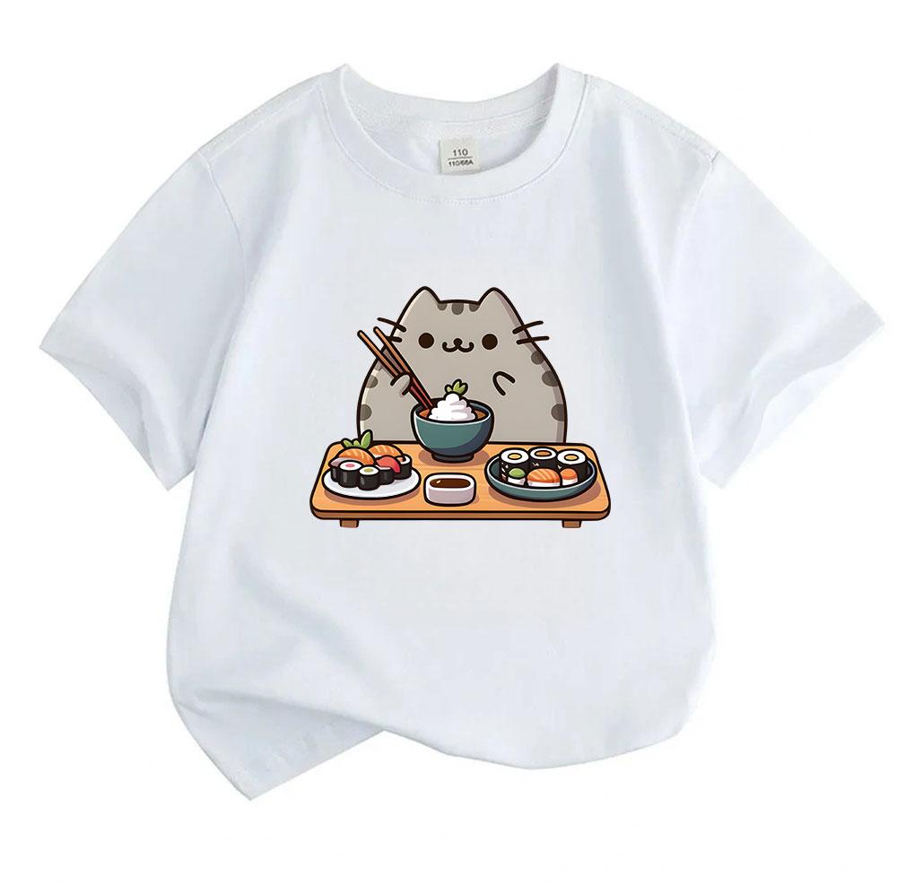 Cute Sushi Cat Print Kids 100% Cotton T-Shirt Boys Girls Crew Neck Short Sleeve Casual Summer Comfortable Pullover Tops Kawaii Food Animal Pattern Tee