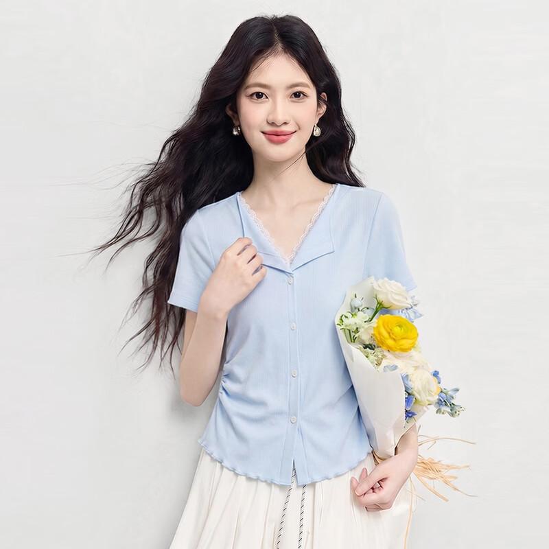 

Lace Patchwork V-Neck Short-Sleeve T-Shirt L