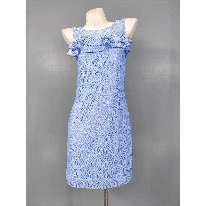 

French Attractive Export Single Lace Crochet Ruffles Embroidered Waist-Tight Hip-Wrapped Dress Elegant Goddess One Piece Blue S