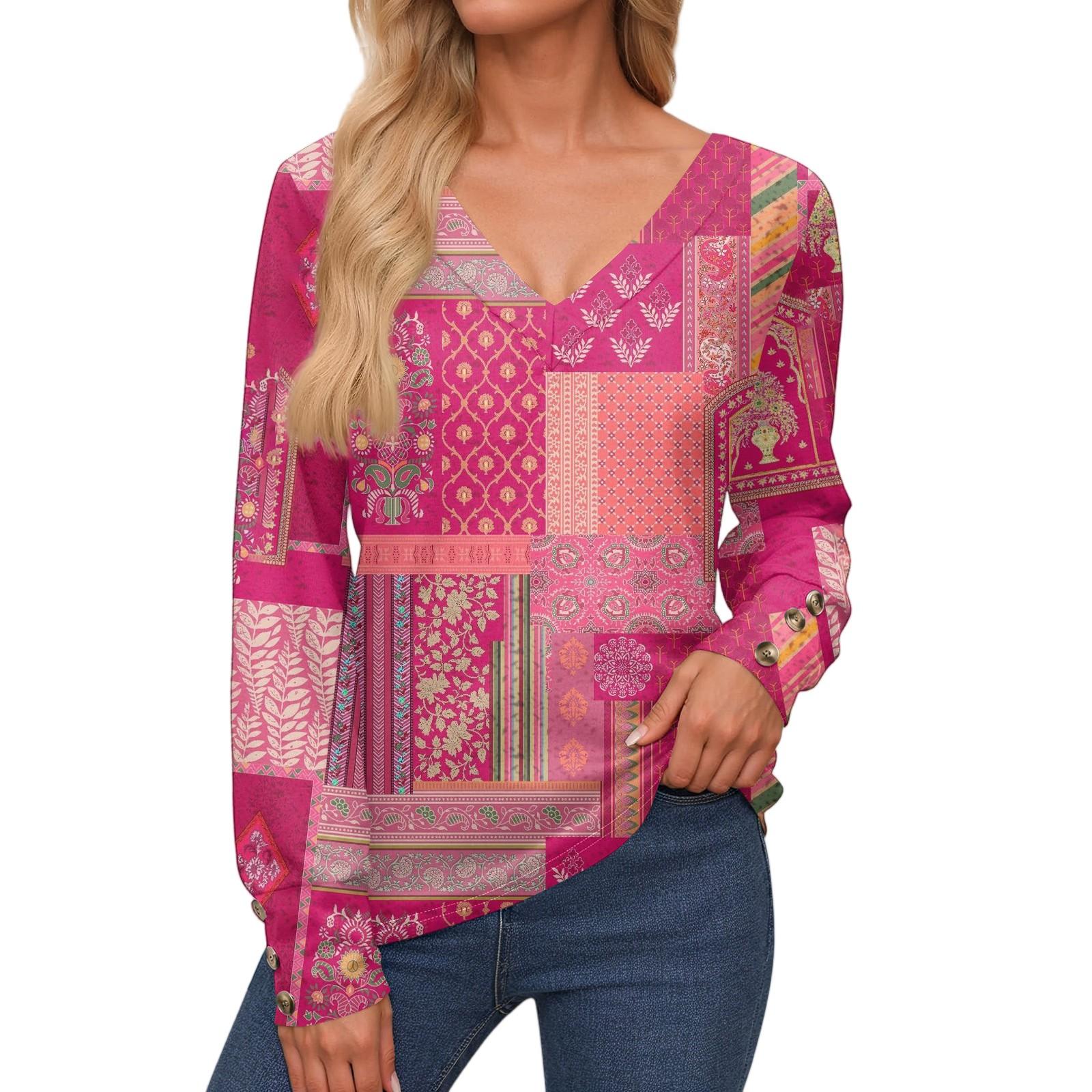 

Женские топы с длинными рукавами, манжетами на пуговицах, рубашка на пуговицах, повседневная свободная футболка с V-образным вырезом, цветочные топы S