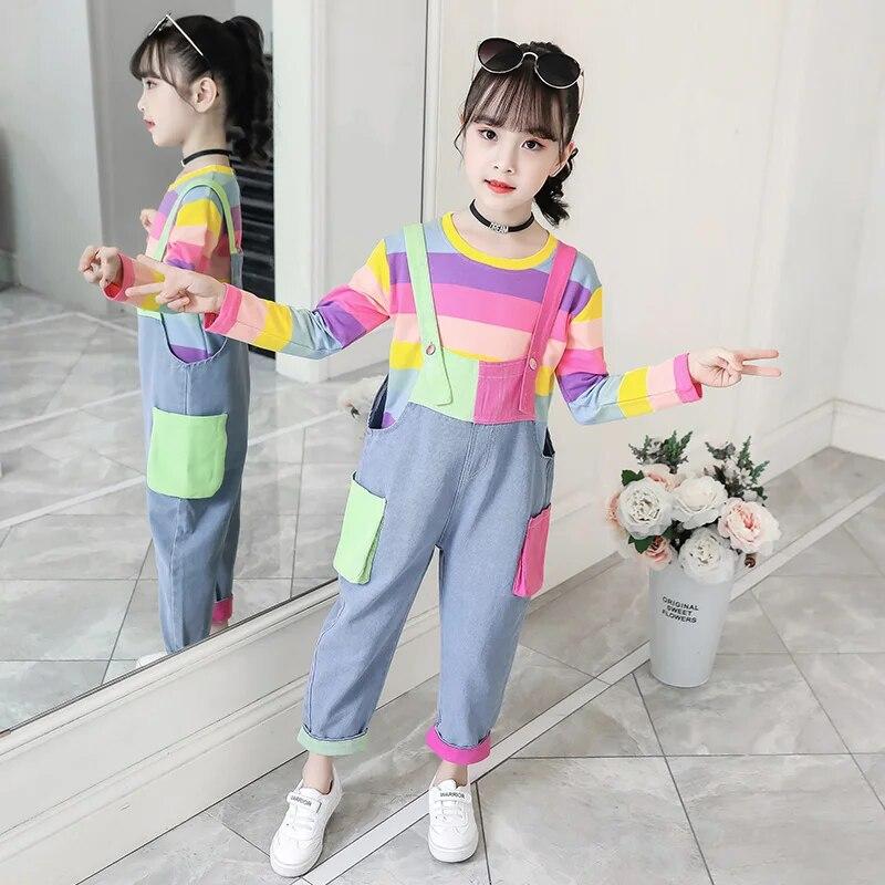 Söta flickkläder Färgglada toppar Långärmad regnbågssweatshirt Jeansficka Denim Jumpsuit 4 5 6 7 9 11 12 År Flicka 2-delade set