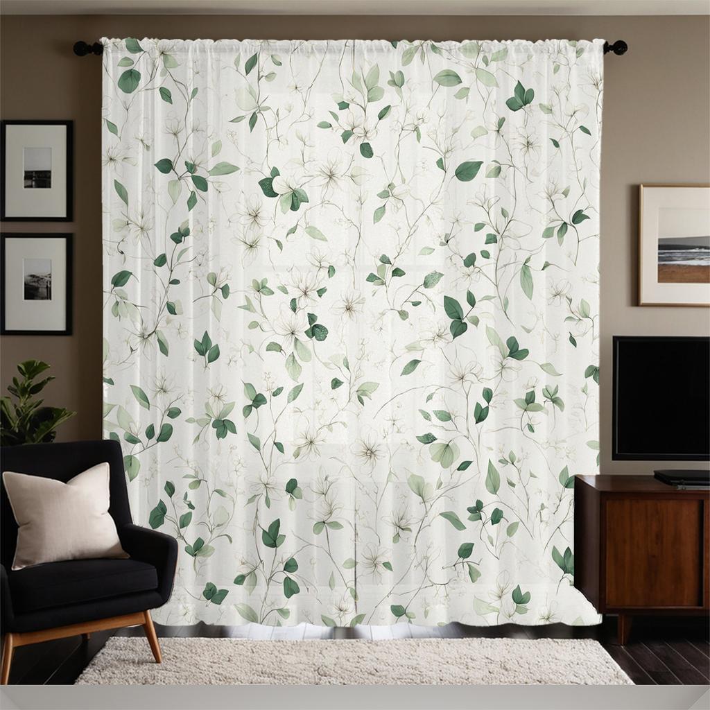 2Pc Green Branches And White Flowers Pattern Curtains, Polyester Fabric, Machine Washable, Suitable For Living Room And Bedroom