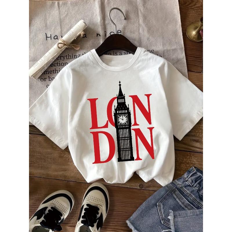 Girls Crewneck Short Sleeve T-Shirt, London Big Ben & Letter Print Simple Artistic Casual Summer Top
