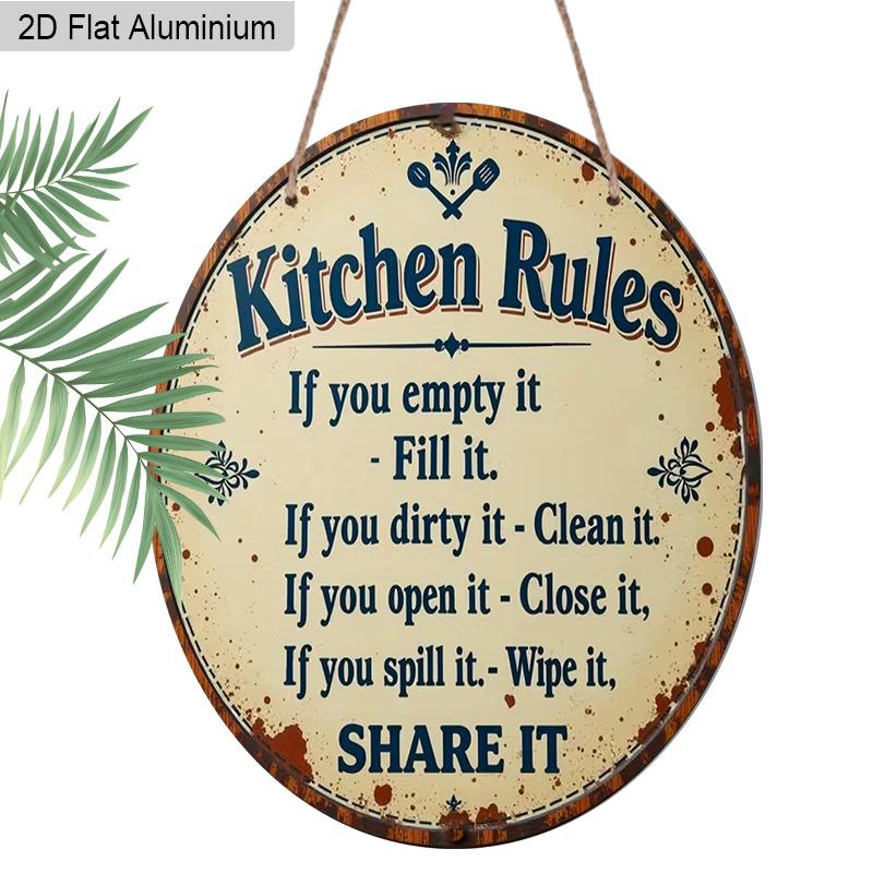 2D Flat Aluminum Rustic Farmhouse Kitchen Decor Round Metal Sign, Cute Family Manners Sign for Mom, Wife, Housewarming Gift, Pre-Drilled Holes for