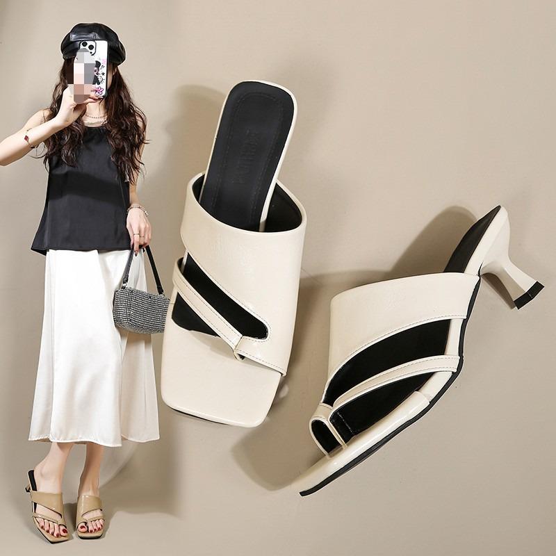 

Square Toe Toe Stiletto Slippers Summer New Open Toe Temperament High Heels 42 бежевий