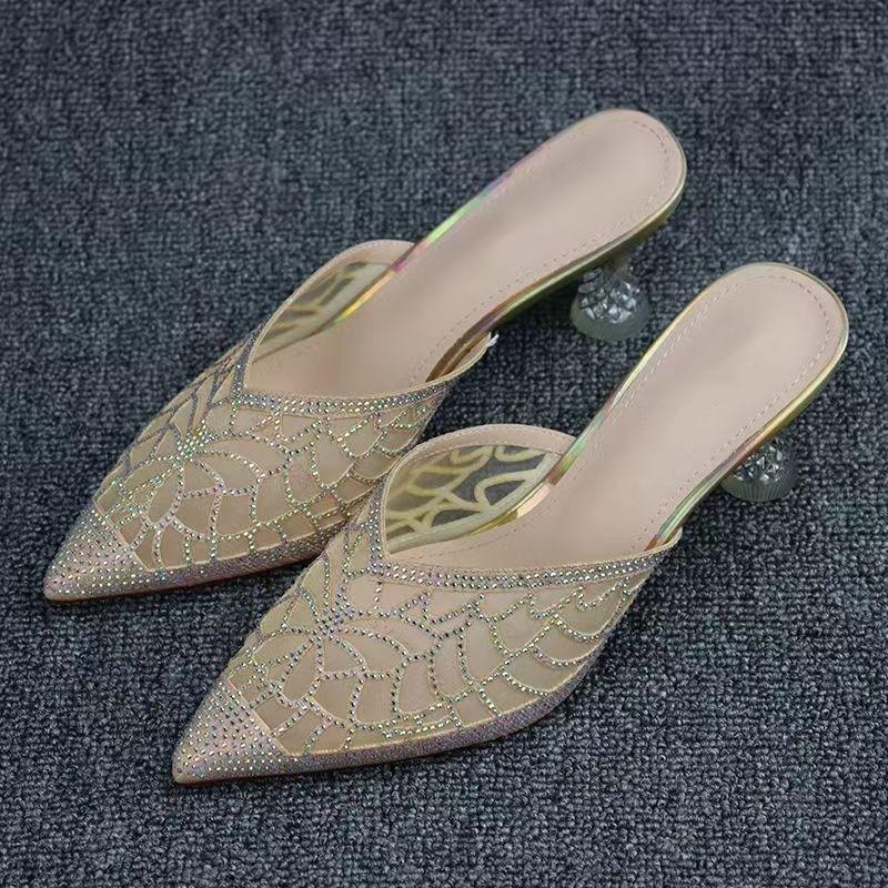 Pointed Baotou Rhinestone Half Slippers Women Mesh Yarn Middle Heeled Shoes Women Fine Heeled Outer Wear Lace Sandalias De Mujer